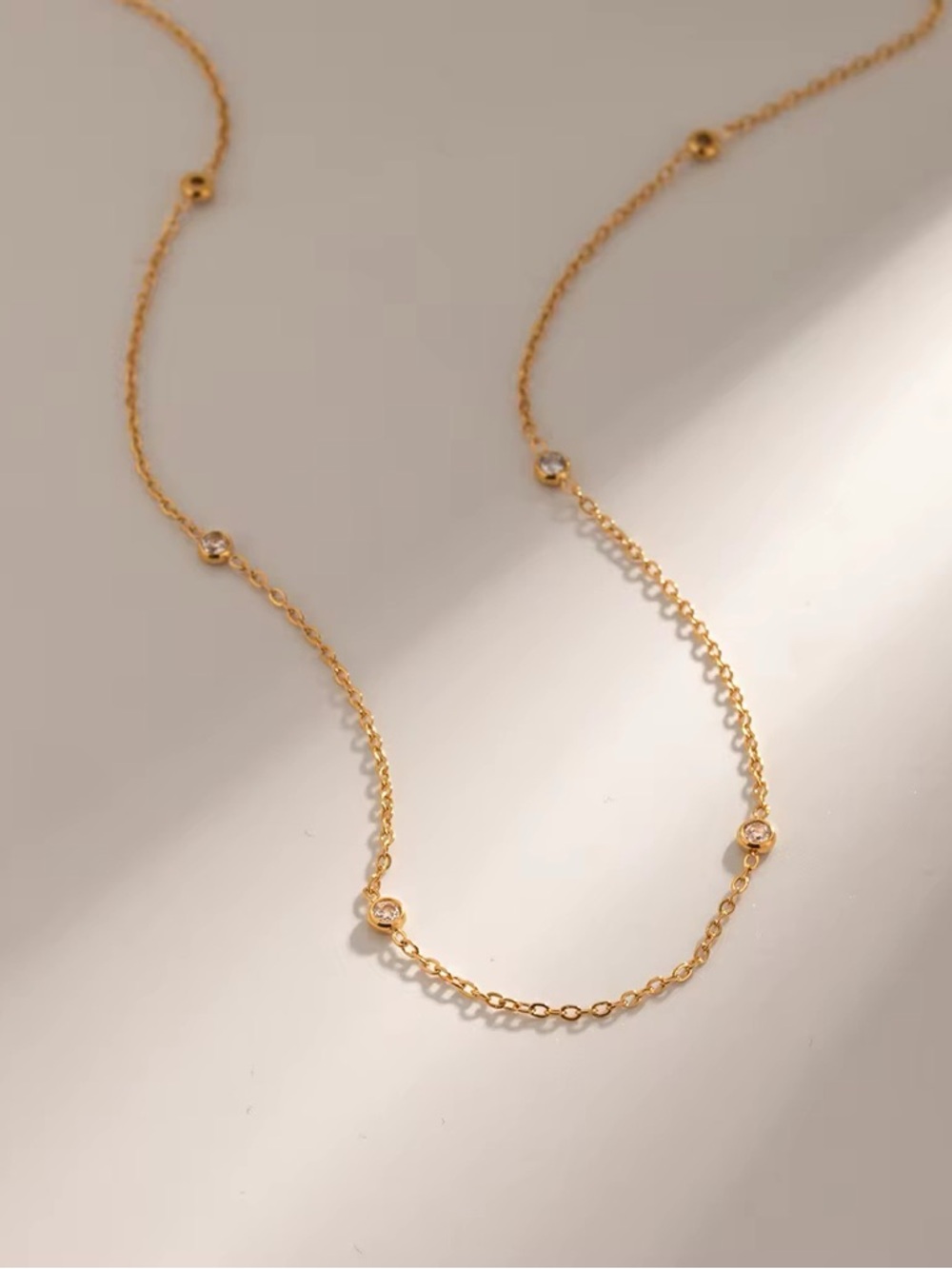 18K Gold Plated Minimalist Bezel Cubic Zirconia Station Necklace - Picture 2 of 8